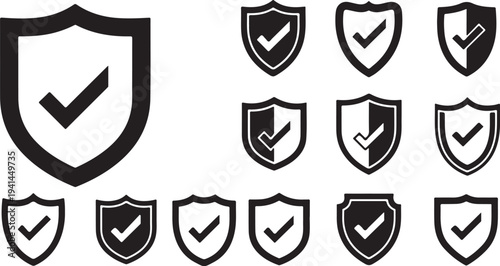 Shield icons with checkmarks in black and white colors