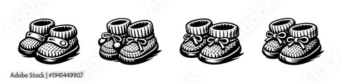 Set of four black and white baby booties illustrations in vector style