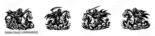 Grim reaper on horseback black and white illustration set of four designs