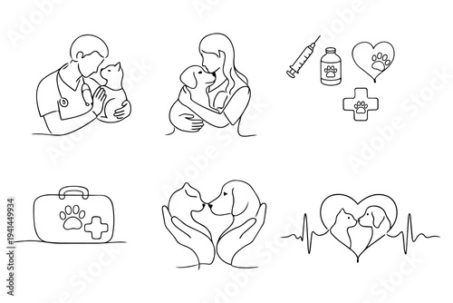 Set of linear icons on the theme of veterinary medicine and love for animals