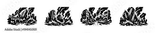 Vector illustration of urban buildings in flames, black and white silhouette art