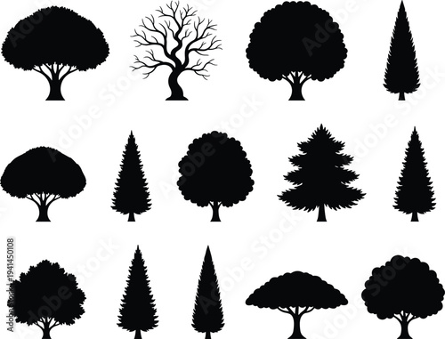 Collection of tree silhouettes set, forest nature trees pine oak isolated black botanical vector illustration icons