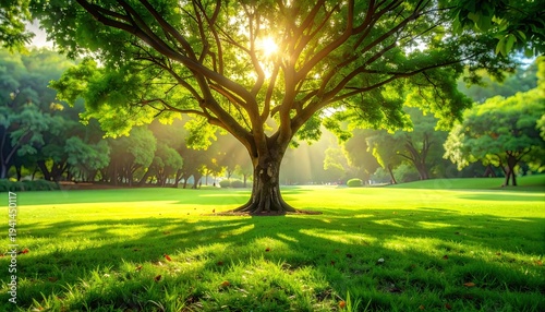 Majestic tree bathed in sunlight on a vibrant green lawn