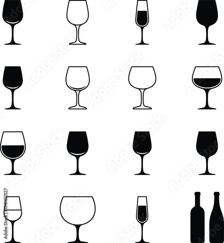 Collection of wine glass silhouettes and bottles, bar drink glassware icons isolated vector illustration set
