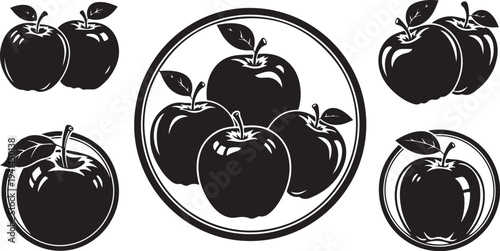 Black and White Illustration of Apples in Various Arrangements