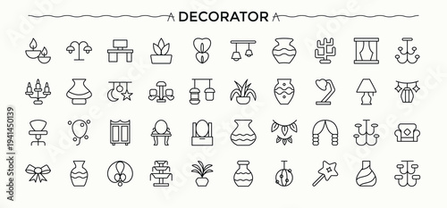 Decoration icon set. Pictograms of interior, art, room, house, art and design. Editable stroke. Pixel Perfect. House Decoration icon set.