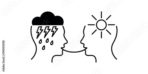 Black and white of two human heads in profile facing each other one with a stormy cloud and rain and the other with a sun