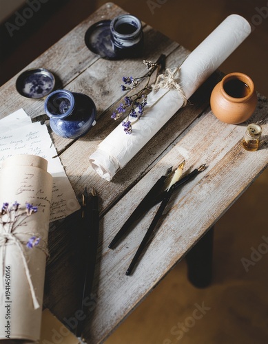 Writing station with quills and paper on wooden desk with flowers nearby viewed from above