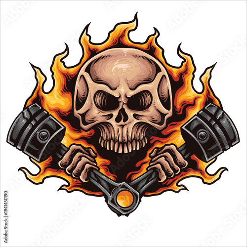 Skull with pistons and flames illustration, biker concept