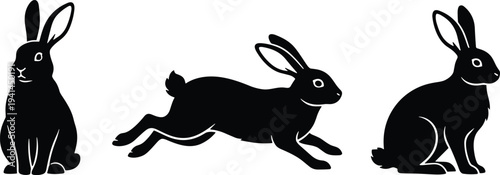 Rabbit silhouettes set, running and sitting bunny animal icons isolated wildlife vector illustration collection design