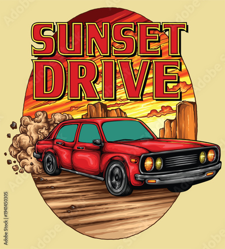 Retro car driving at sunset desert landscape