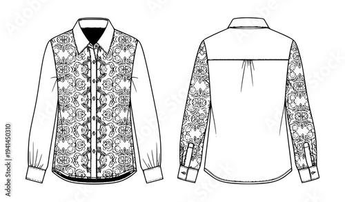 Women Fashion Shirt Pattern Vector Template Black and White Technical Illustration