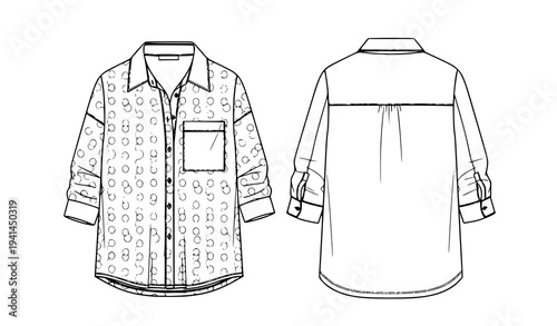 Women Pattern Shirt Vector Flat Template Black and White Fashion CAD Drawing