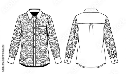 Women Fashion Shirt Pattern Vector Template Black and White Technical Illustration