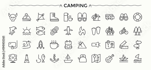 Set of Camping line icon. Contains related to vacation, forest, tour, kayak, hiking, tourism, campfire and more. Minimalist icons pack. Travel icon collection. Editable vector.