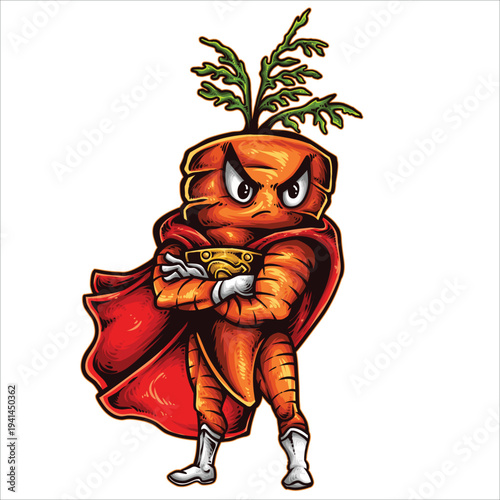 Superhero carrot character with red cape and boots