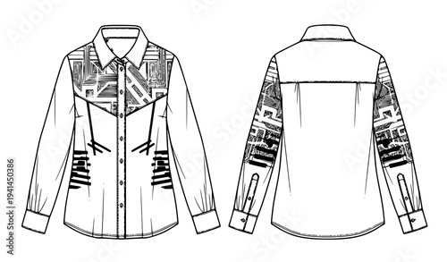 Women Button Up Shirt Pattern Vector Template Black White Fashion Illustration