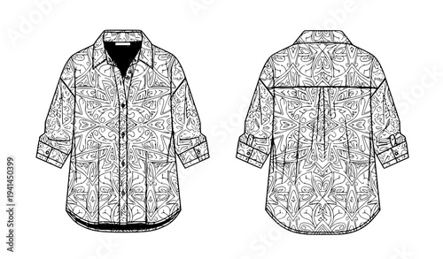 Women Pattern Shirt Vector Flat Template Black and White Fashion CAD Drawing