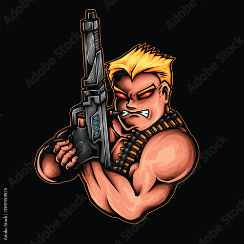 Tough soldier with assault rifle and bullet belt