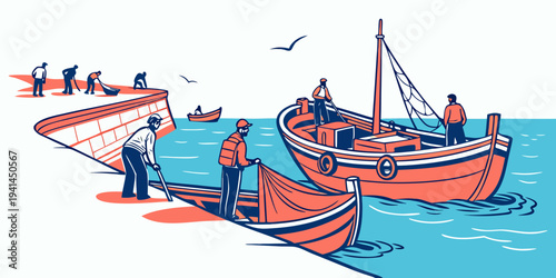 Modern Fishing Port with Coral Boats and Bright Blue Water Vector Illustration