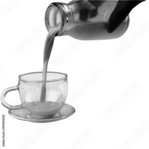 Coffee pouring from glass bottle into cup in halftone style. Black and white illustration of hot beverage preparation, cafe drink, morning routine and barista concept.