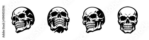 Set of four skull illustrations in black and white vector style