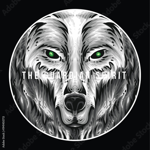 Stoic wolf with green eyes, monochrome portrait, guardian spirit illustration