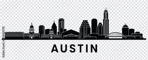 Black silhouette of austin city skyline with notable buildings and bridges