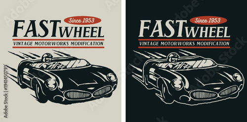 Vintage fast car illustration, motorworks modification graphic, retro style