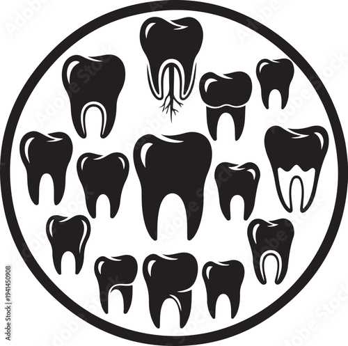 Black and white illustration of various teeth icons together