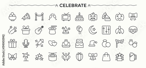 Celebration icon set. Party icon set. Includes symbols for event, party, celebrate, happy, decoration and more. Editable stroke. Pixel Perfect.