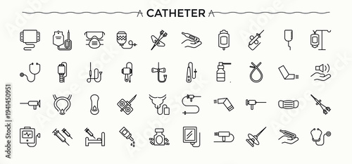 Medical and Pharmaceutical icon collection. UI icons set in a thin style. Medicine icon set. Related to aid, care, health, pill, disease, drug and more.