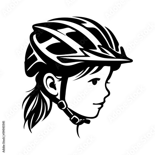 Logo club ciclista. Dibujo con líneas de la cabeza de una niña con casco ciclista. Icono equipo de protección de ciclismo 