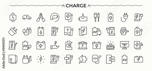 Charging icon set. Includes symbols for battery, charger, station, electricity, charge, power and more. Charger icon set. Icons for website. Editable stroke collections.