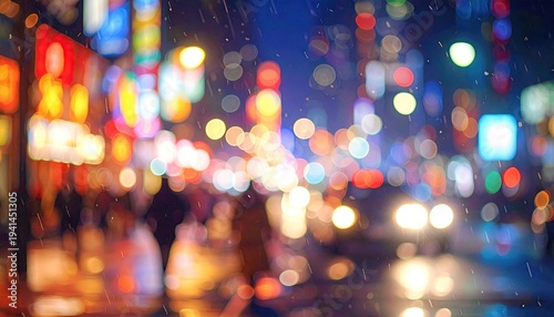 Rainy night scene with bokeh lights, silhouettes of pedestrians and vehicles