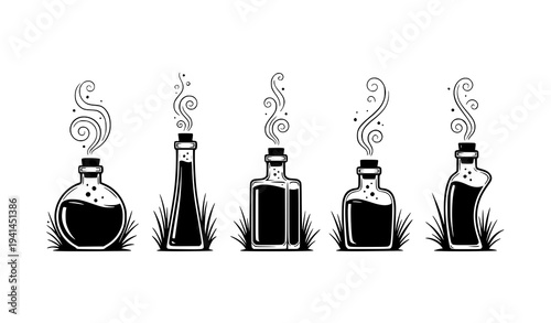 Black silhouette magic potion bottles with swirling smoke and grass fantasy witchcraft vector set