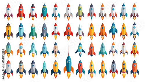 A set of rocket ship icons in various styles and colors. Simple vector illustrations for space, launch, and technology concepts. Flat style for web, apps, and presentations on a white background.