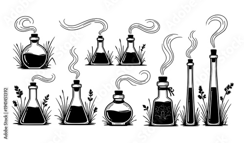 Minimalist black silhouette potion bottle icons with swirling magical smoke and grass vector set