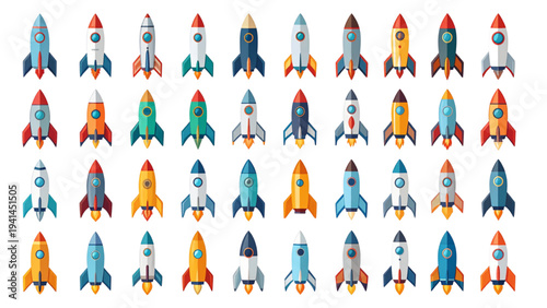 A set of rocket ship icons in various styles and colors. Simple vector illustrations for space, launch, and technology concepts. Flat style for web, apps, and presentations on a white background.