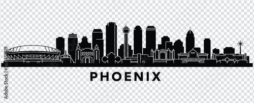Black silhouette of phoenix city skyline with notable buildings and stadiums