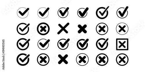 Black checkmark and cross symbols on white background check marks tick ticks