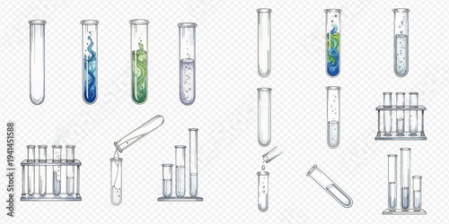 Set of hand-drawn test tubes with various liquids, bubbles, and empty laboratory glassware for scientific experiments and chemical research.