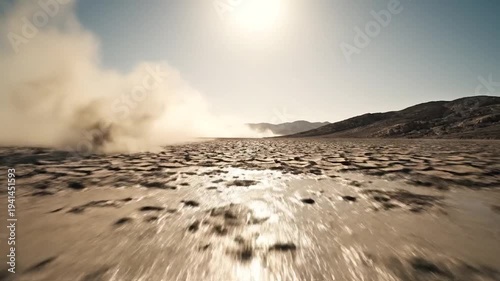 Dry cracked earth under a bright sun with dust clouds