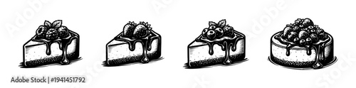 Vector illustration of cheesecake slices with berries in black and white silhouette style