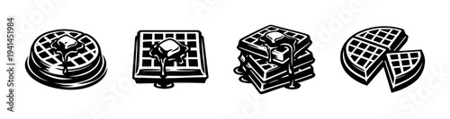 Stacked waffles and slices black and white vector silhouette illustration set