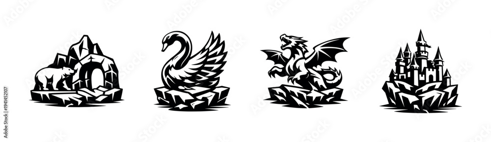 Obraz premium Black and white animal and fantasy elements silhouette set with swan dragon and castle