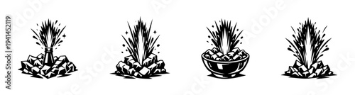 Explosive rock elements in black and white silhouette vector illustration set