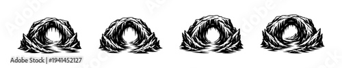 Black and white vector illustration of four stylized caves in silhouette style