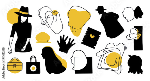 Abstract Collection of Silhouettes and Line Art with Yellow Accents.