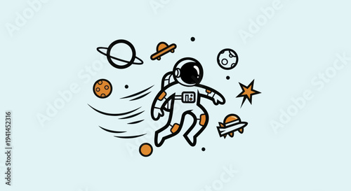 Astronaut floating in space surrounded by planets and stars.